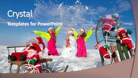  Presentation with snowman - Beautiful presentation featuring two young women throwing snow on blue sky and sculpting snowman in street in wintertime backdrop and a teal colored foreground