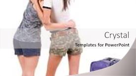  Presentation with women traveling - Presentation consisting of two young women traveling with suitcas rear view isolated over white background and a white colored foreground