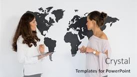  Presentation with business women - PPT layouts enhanced with two young women twins discuss business on the background of the world map background and a sky blue colored foreground