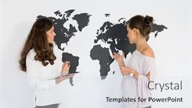  Presentation with business women - PPT layouts having two young women twins discuss business on the background of the world map background and a sky blue colored foreground