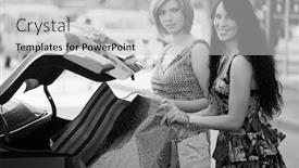  Presentation with car parking - Audience pleasing slide deck consisting of two young women with shopping bags on the car parking backdrop and a light gray colored foreground