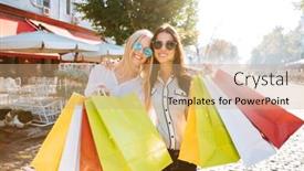  Presentation with walking together - Presentation enhanced with two young women with shopping bags walking on the street together background and a coral colored foreground