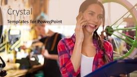  Presentation with repair shop - Colorful presentation theme enhanced with two young women working in a bicycle repair shop backdrop and a coral colored foreground