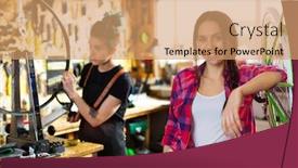  Presentation with repair shop - Presentation theme having two young women working in a bicycle repair shop background and a coral colored foreground