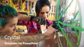  Presentation with repair shop - Audience pleasing presentation consisting of two young women working in a bicycle repair shop backdrop and a tawny brown colored foreground