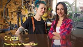  Presentation with repair shop - Slide set enhanced with two young women working in a bicycle repair shop background and a tawny brown colored foreground