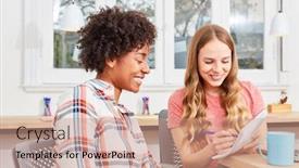  Presentation with multicultural women - PPT theme having two young women in the multicultural start-up team study together during their studies background and a coral colored foreground