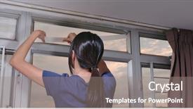  Presentation with typhoon - PPT theme consisting of tyhoon - woman stick tape on window background and a gray colored foreground