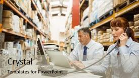  Presentation with talking on phone - Slide set consisting of types business organisation - manager working on laptop background and a  colored foreground