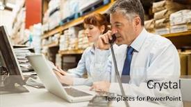  Presentation with talking on phone - Presentation theme enhanced with types business organisation - manager working on laptop background and a  colored foreground