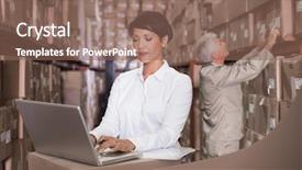  Presentation with warehouse - Colorful PPT theme enhanced with types business organisation - pretty warehouse manager using laptop backdrop and a violet colored foreground