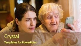  Presentation with elderly - Slide deck with types families - elderly woman looks and typing background and a tawny brown colored foreground