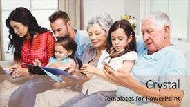  Presentation with family follow up - Slide set with types families - family using technologies while sitting background and a coral colored foreground