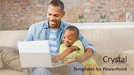  Presentation with father and son - Presentation theme consisting of types families - father and son using laptop background and a coral colored foreground