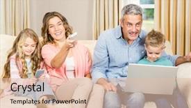  Presentation with social distancing - Slides enhanced with types families - happy family sitting at home background and a  colored foreground