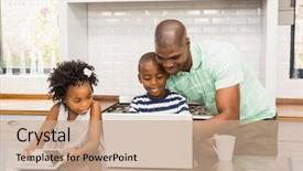  Presentation with kitchen - Beautiful PPT layouts featuring types families - happy family using laptop backdrop and a coral colored foreground