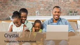  Presentation with living room family - Theme featuring types families - happy family using technology together background and a coral colored foreground