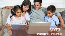  Presentation with technology on blockchain - PPT theme with types families - smiling family on the sofa background and a tawny brown colored foreground