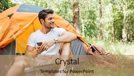  Presentation with tourist - Slide deck consisting of types tree - happy young man tourist sitting background and a coral colored foreground