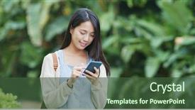  Presentation with sms - PPT theme consisting of types tree - woman sending sms on cellphone background and a tawny brown colored foreground