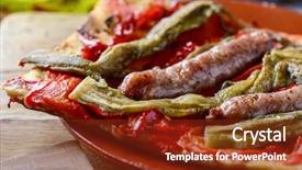  Presentation with eggplant - Colorful presentation enhanced with typical catalan savory cake similar backdrop and a tawny brown colored foreground