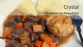  Presentation with dumpling - Slides featuring typical english-style beef stew containing carrots swede rutabega and mushrooms served with suet dumpling and boiled potatoes l background and a blonde colored foreground