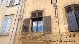  Presentation with plants - Beautiful PPT theme featuring typical-french-window-with-shutters backdrop and a coral colored foreground