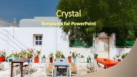  Presentation with windows doors - Slide deck with typical greek traditional village with white walls and colorful doors windows and balconies on mykonos island greece europe background and a tawny brown colored foreground