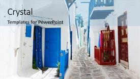 Presentation with windows doors - Presentation theme featuring typical greek traditional village with white walls and colorful doors windows and balconies on mykonos island greece europe background and a light blue colored foreground