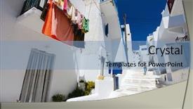  Presentation with windows doors - Presentation design enhanced with typical greek traditional village with white walls and colorful doors windows and balconies on mykonos island greece europe background and a teal colored foreground