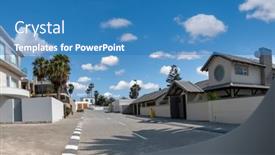  Presentation with housing - Slide deck having typical-high-end-suburban-housing background and a teal colored foreground