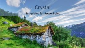  Presentation with waterfalls - Colorful slides enhanced with typical-norwegian-old-wooden-houses backdrop and a light blue colored foreground