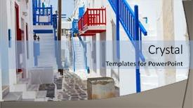  Presentation with windows doors - Presentation theme enhanced with typical street of greek traditional village with white walls and colorful doors windows and balconies on mykonos island greece europe background and a light blue colored foreground