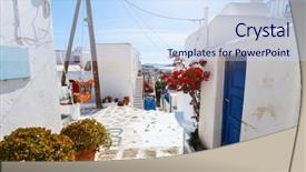  Presentation with windows doors - Presentation consisting of typical street of greek traditional village with white walls and colorful doors windows and balconies on mykonos island greece europe background and a sky blue colored foreground