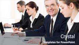  Presentation with employees - Colorful presentation theme enhanced with typing old people - confident businessman looking at camera backdrop and a  colored foreground