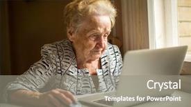  Presentation with elderly home - Cool new slides with typing old people - elderly woman working on laptop backdrop and a gray colored foreground