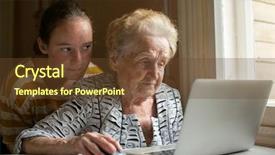  Presentation with laptop - Presentation theme having typing old people - granddaughter teaches her grandmother background and a  colored foreground