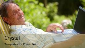  Presentation with elderly home - Colorful presentation theme enhanced with typing old people - happy senior man is his backdrop and a  colored foreground