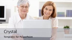  Presentation with woman in maze - Audience pleasing slide deck consisting of typing old people - mature woman and young attractive backdrop and a  colored foreground