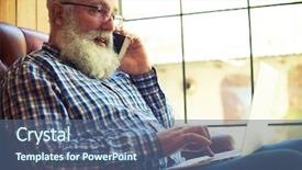  Presentation with at home senior care - Audience pleasing PPT theme consisting of typing old people - senior man talking backdrop and a ocean colored foreground