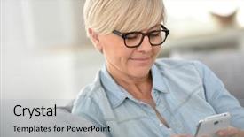  Presentation with text analytics stock exchange - Beautiful PPT layouts featuring typing old people - senior woman with eyeglasses sending backdrop and a  colored foreground