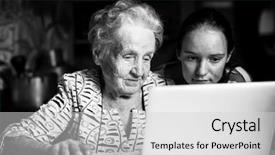  Presentation with teen girl tech - Colorful theme enhanced with typing old people - teen girl teaches her grandmother backdrop and a light gray colored foreground