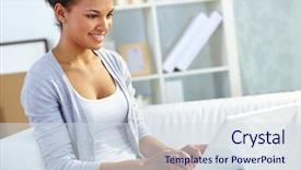  Presentation with home - PPT layouts having typing on laptop at home background and a sky blue colored foreground