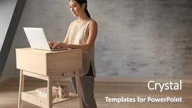  Presentation with business woman standing on maze - Colorful PPT theme enhanced with typing on laptop at stand backdrop and a violet colored foreground