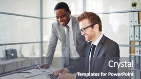  Presentation with multi cultural - Slide set enhanced with typing on laptop at workplace background and a dark gray colored foreground