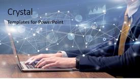  Presentation with laptop computers around the world - PPT theme having typing on laptop with link background and a teal colored foreground