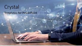  Presentation with laptop computers around the world - Amazing slide deck having typing on laptop with link backdrop and a teal colored foreground