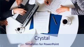  Presentation with cutout paper people standing around globe holding hands - Slides featuring business learning point - human hands holding pens background and a light blue colored foreground