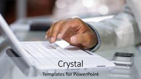  Presentation with waiter hand in white glove - Audience pleasing slides consisting of typing on white laptop computer backdrop and a lemonade colored foreground