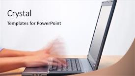  Presentation with laptop blank screen - Theme enhanced with typist - woman hands typing background and a sky blue colored foreground